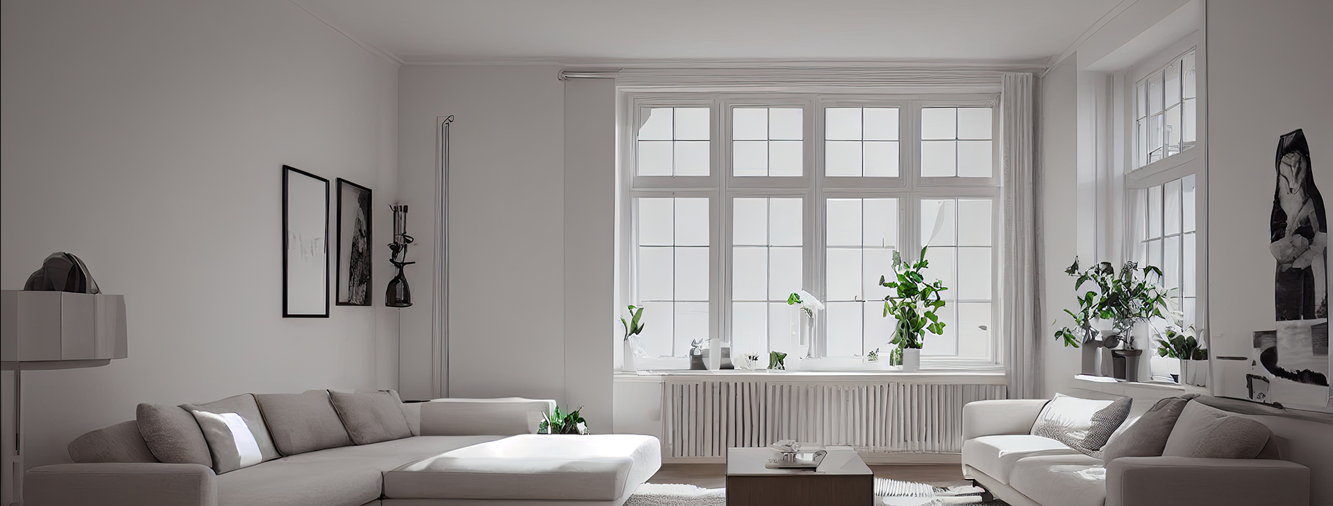 A modern, minimalist living room in grayscale tones with large windows and indoor plants.