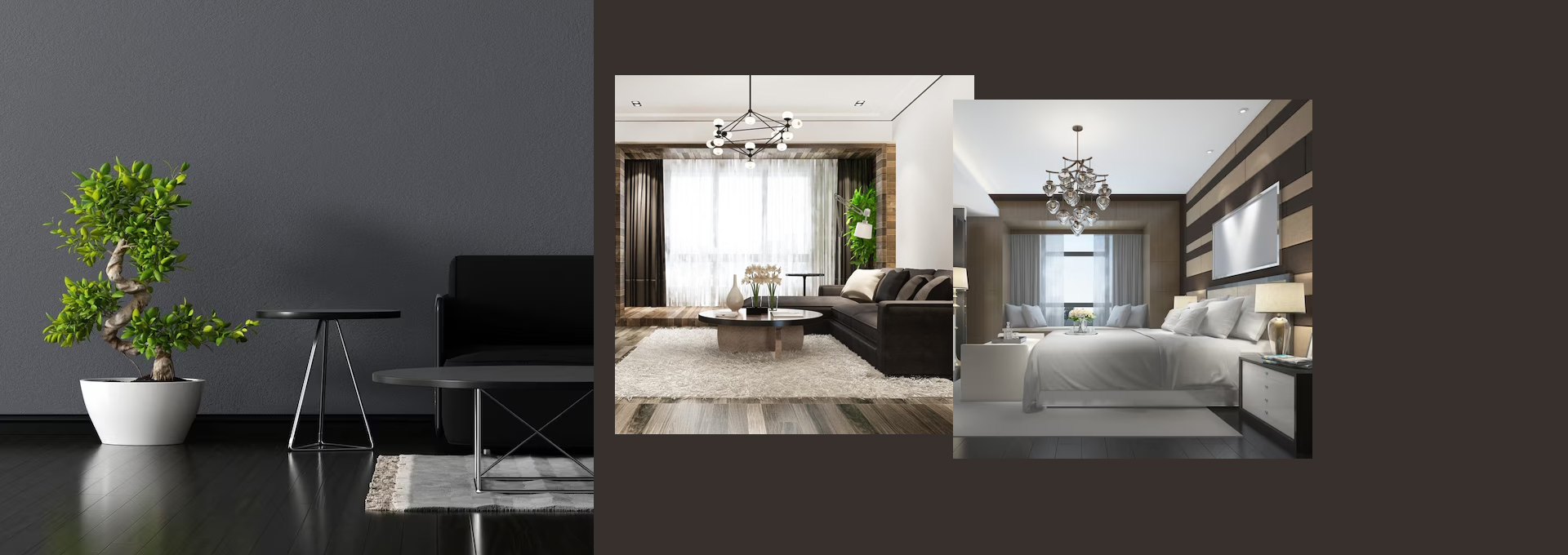 Three-panel collage showcasing modern renovated home interiors: living room, lounge area, and bedroom.